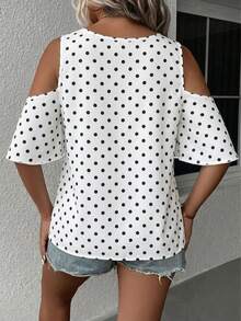 Reflora Plus Size Women's Lace Patchwork Sleeveless Off-Shoulder Polka Dot Pattern Elegant Blouse, Spring/Summer New Arrival - White - View 3