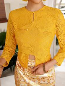 EastFlair Women's Lace Long Sleeve Top And Floral Pattern Skirt Elegant Two Pieces Set Wedding Mother Of The Bride Christening Yellow Summer - Multicolor - View 2