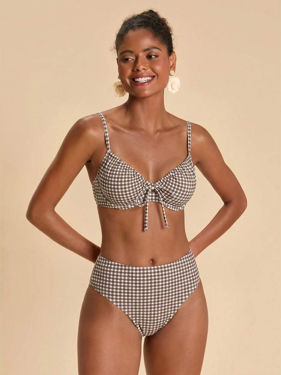 Travachic Women's Summer Beach Party Plaid Print Front Tie Bikini Top Bathing Suit White Tropical 80s - Multicolor - View 1