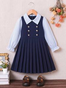 SHEIN 1件女童 2合1 藍白條紋拼接 海軍藍領泡泡袖長袖百褶 A字收腰傘裙，休閒復古學院風韓式時尚洋裝，適合春/秋日常穿著、旅行、度假、派對等場合 - 彩色 - 查看 10