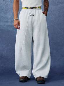 PAVTROS Men's Letter Print Denim Elastic Waist Wide Leg Casual Sweatpants - Grey - View 1