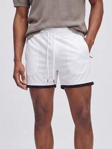 Nelvento Soul Boyfriend Style Men's Color-Block Drawstring Waist Sports Jogger Shorts, White , Lightweight, Gym - White - View 1
