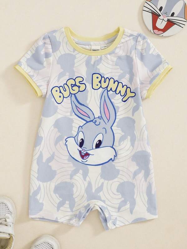 LOONEY TUNES X SHEIN Barboteuse décontractée pour bébé garçon avec imprimé lettres et dessin animé pour usage quotidien