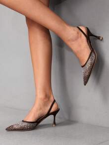 CUCCOO SZL Zapatos de tacón de malla con strass de color café con una sola correa, adecuados para ir al trabajo, citas, reuniones, fiestas de vacaciones, bodas y otras ocasiones - Café - Ver 2