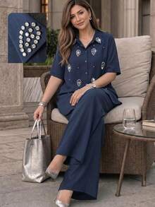 Lacomfia Women's Short Sleeve Heavy Hand-Beaded Blouse And Wide Leg Pants Elegant Comfortable Versatile Plus Size 2 Pieces Set - Navy Blue - View 1