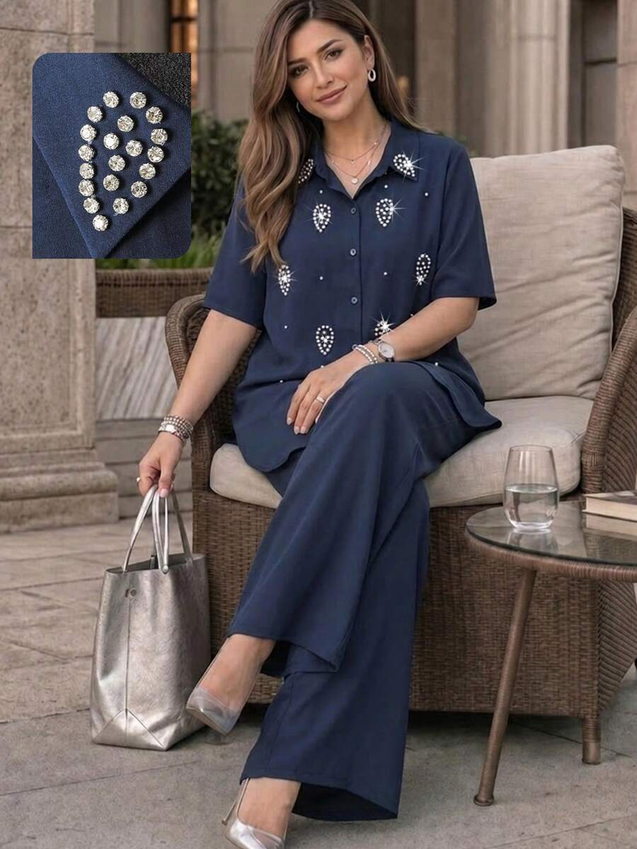 Lacomfia Women's Short Sleeve Heavy Hand-Beaded Blouse And Wide Leg Pants Elegant Comfortable Versatile Plus Size 2 Pieces Set - Navy Blue - View 1