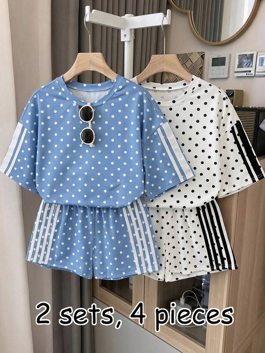 SHEIN 青少年女孩藍白波點印花短袖T恤與短褲4件套 - 彩色 - 查看 1