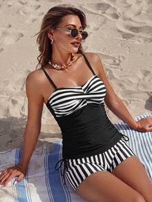 Swim Lushoire Women's 2-Piece Solid Color Patchwork Striped Print Side Drawstring Top And Striped Print Bikini Bottom Set, Spring/Summer - Multicolor - View 5