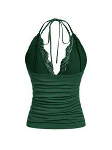 ROMWE PUNK Contrast Lace Halter Top - Green - View 2
