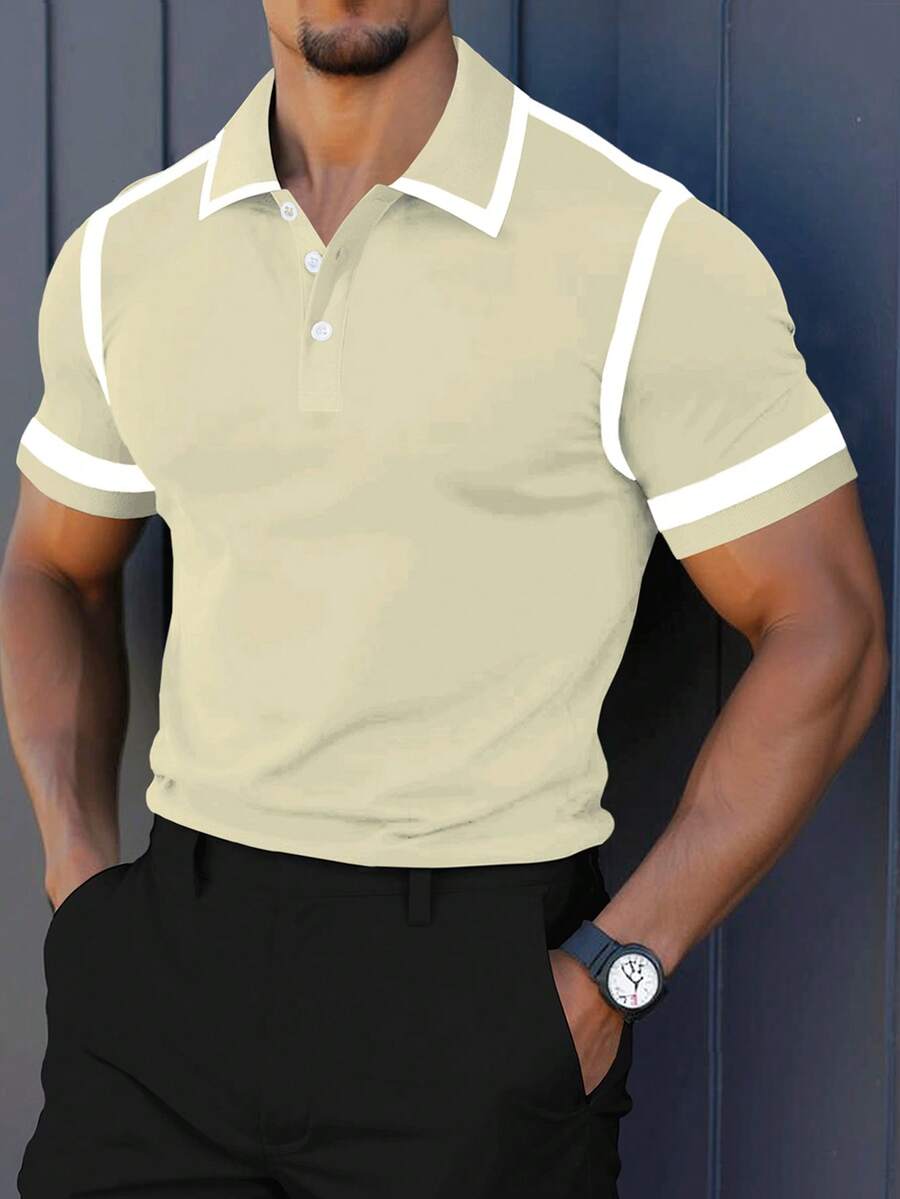 Manfinity Mode 男士夏季休閒拼色拼接 Polo 衫 - 鵝黃色 - 查看 1
