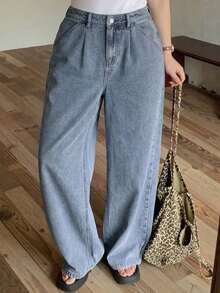 Dazy Plus Loose Pleated Casual Straight Leg Jeans, Slimming Long Denim Pants, Versatile Spring Summer Autumn New Arrival - Medium Wash - View 2