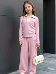 Tween Girls 8-12Y 2Pcs Pink Textured Set, Contrast White Collar V Neck Long Sleeve Top Wi - Baby Pink - View 3
