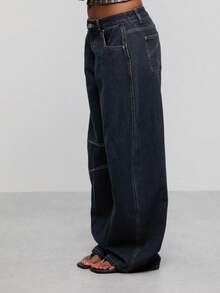 COUREZ Low Rise Mid Balloon Jeans With Seaming Details /Y2K Fall Outfits Autumn Fall Clothes Jeans For Women Baggy Jeans Pants For Women Wide Leg Pants Woman - Dark Wash - View 7
