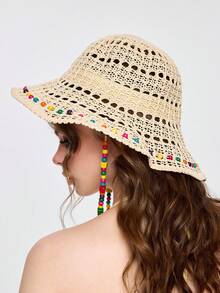 ROMWE Fairycore 1pc Fashionable Breathable Colorful Wooden Bead Hollow Wide Brim Sun Hat, Foldable Bucket Hat For Women,Summer,Beach - A - View 4