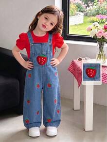 SHEIN Genkimix Kids 1件女童復古休閒可愛韓系水洗藍牛仔吊帶褲，草莓刺繡3D裝飾，附口袋可調肩帶直筒長褲牛仔連身褲，適合春秋冬季日常穿著、上學、旅行、度假、派對及各種室內外場合 - 紅色 - 查看 1