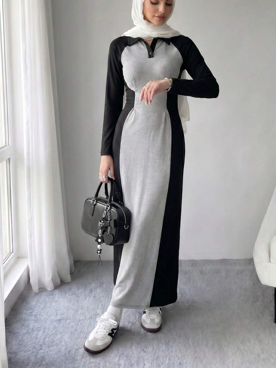 Solavon Women's Casual Modern Filipiniana Modest Long-Sleeve Knit Dress Black Grey Color-Block (34 Cotton) Formal Morning Night Office Fall - Multicolor - View 1