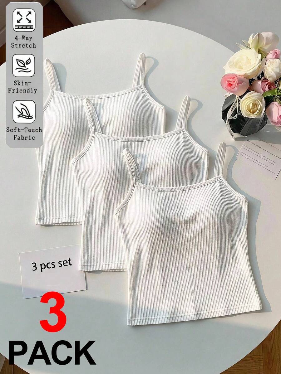 SHEIN 青少年女孩背心與細肩帶背心 3件組 白色 開學季 - 白色 - 查看 1