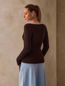 SHEIN Brown And Blue Contrast Trim Deep V-Neck Ribbed Knit Top Fitted Long Sleeve Slim Silhouette Chic Casual Sexy Basic Pullover Night Autumn Holiday Work - Brown - View 2