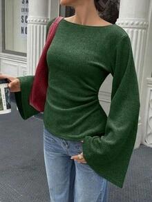 Elenzga 女款標準尺寸寬領落肩喇叭袖抓皺腰部花卉針織上衣，秋冬日穿/夜出深綠色休閒優雅風 - 墨綠色 - 查看 3