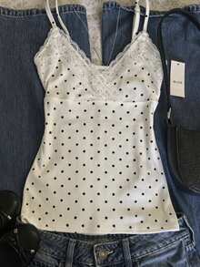 IslaSuriya Polka Dot Print Lace Patchwork Cup Cross Strap Top - Multicolor - View 3