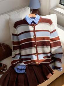 Comfortcana 女款條紋長袖單排扣休閒針織開襟衫 - 彩色 - 查看 1