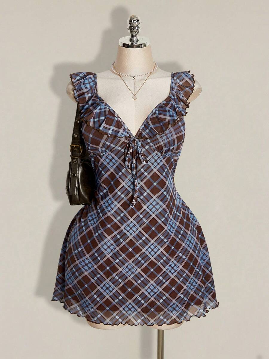 SHEIN ICON Plus Size Retro Sexy Millennial Style Y2K Simple Casual Back-To-School Season College Style Blue Brown Plaid Pattern Sweetheart Neck Ruffle Dress - Blue - View 1