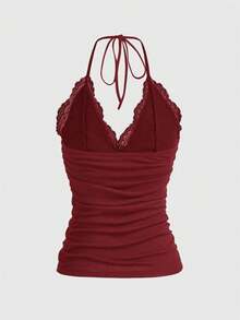 ROMWE PUNK Top halter con encaje en contraste fruncido - Burdeos - Ver 2