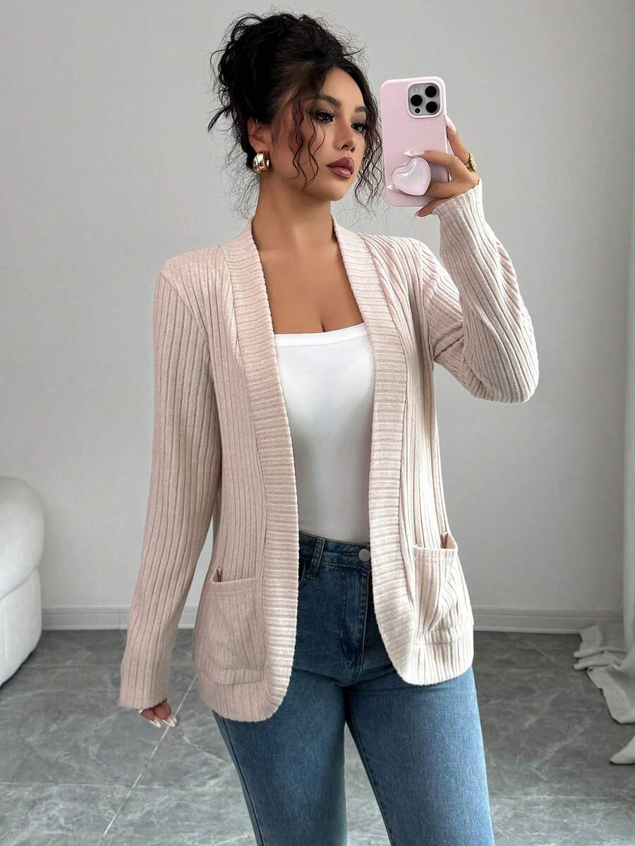 SHEIN PETITE 女款休閒羅紋刷毛開襟側口袋短版輕便外套,秋冬女裝,適合嬌小女性 - 杏色 - 查看 1