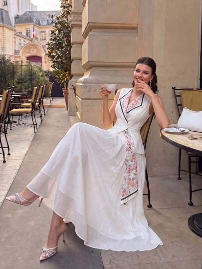 Modelyn Spring/Summer Commuter Day Party Elegant Elegant Floral Print Bow Tie Waist-Defining Slimming Blazer Sleeveless Set Pink Floral White