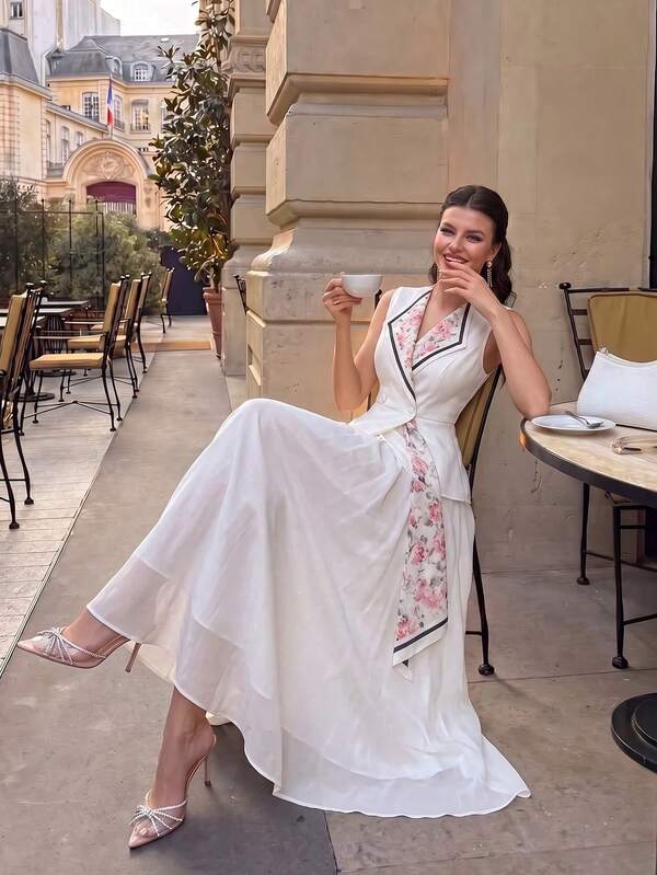 Modelyn Spring/Summer Commuter Day Party Elegant Elegant Floral Print Bow Tie Waist-Defining Slimming Blazer Sleeveless Set Pink Floral White
