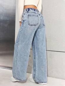 SHEIN 青少年女孩深藍色鈕扣口袋寬鬆寬腿牛仔褲 - 淺色水洗藍 - 查看 6