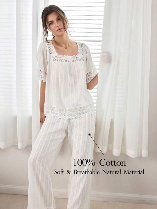 Ocili Bộ đồ ngủ nữ tay ngắn quần dài bằng cotton nguyên chất mềm mại, thoải mái, thân thiện với làn da, họa tiết jacquard