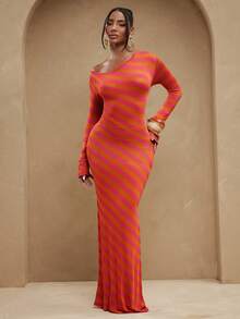 NYA SZN 針織修身單肩長袖條紋長洋裝，性感粉橘色，適合生日派對、約會之夜、外出、特殊場合與夜店，夏季秋冬皆宜 - 彩色 - 查看 1