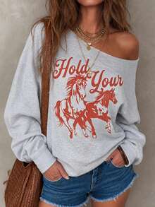 SHEIN Holidaya Women's Letter Horse Print Asymmetric Shoulder Long Sleeve Casual Western Sweatshirt Everyday Traveling Grey Fall - Light Grey - View 1