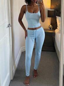 Livesso 2pcs Solid Color Sleeveless Camisole Top & Slim Fit Long Pajama Pants Summer Sleepwear Set For Women - Blue - View 6