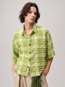 Vaulklash 男士格子梭织短袖短款衬衫，适合夏季，街头潮流必备 - 綠色 - 查看 4