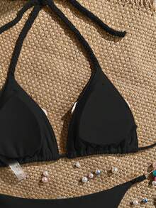 SHEIN Swim 女款新款比基尼套裝，黑色純色針織珍珠海星飾品設計，掛脖側綁繩設計，性感熱帶優雅比基尼套裝 - 黑色 - 查看 5