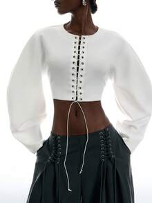 LYSMO Moletom Feminino Casual Sexy Techno Versátil para o Dia a Dia com Design de Cadarço, Cor Sólida, Roupa de Outono para Sair, Noite e Balada, Branco e Marrom Escuro - Branco - Visão 1