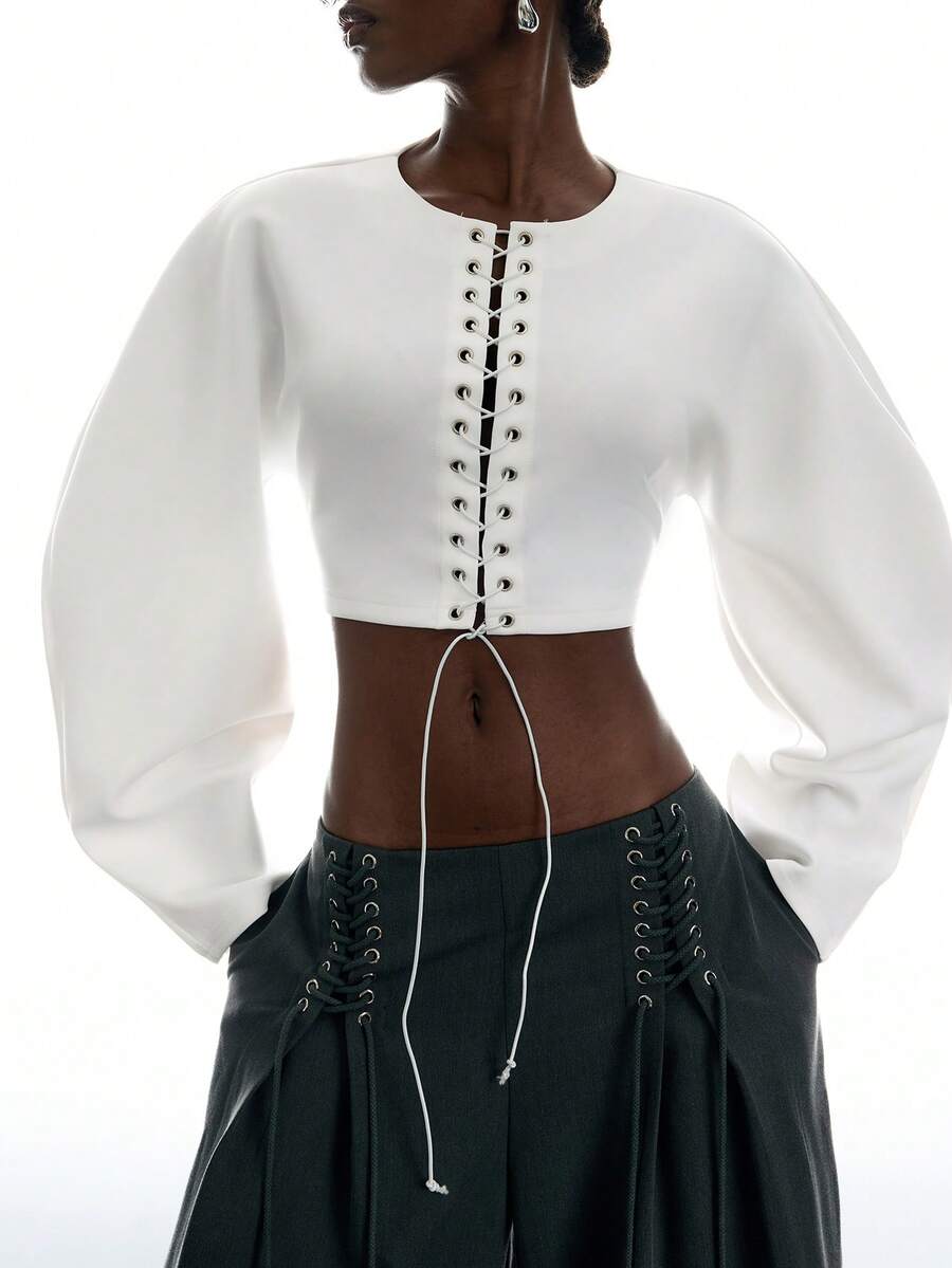 LYSMO Moletom Feminino Casual Sexy Techno Versátil para o Dia a Dia com Design de Cadarço, Cor Sólida, Roupa de Outono para Sair, Noite e Balada, Branco e Marrom Escuro - Branco - Visão 1
