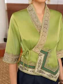 EastFlair Atasan Wanita untuk Liburan, Motif Renda, Patchwork, Hem Asimetris, Ikat Depan, Tyrande, Gaun Makan Malam Musim Panas, Warna Hijau Elegan - Hijau - View 3