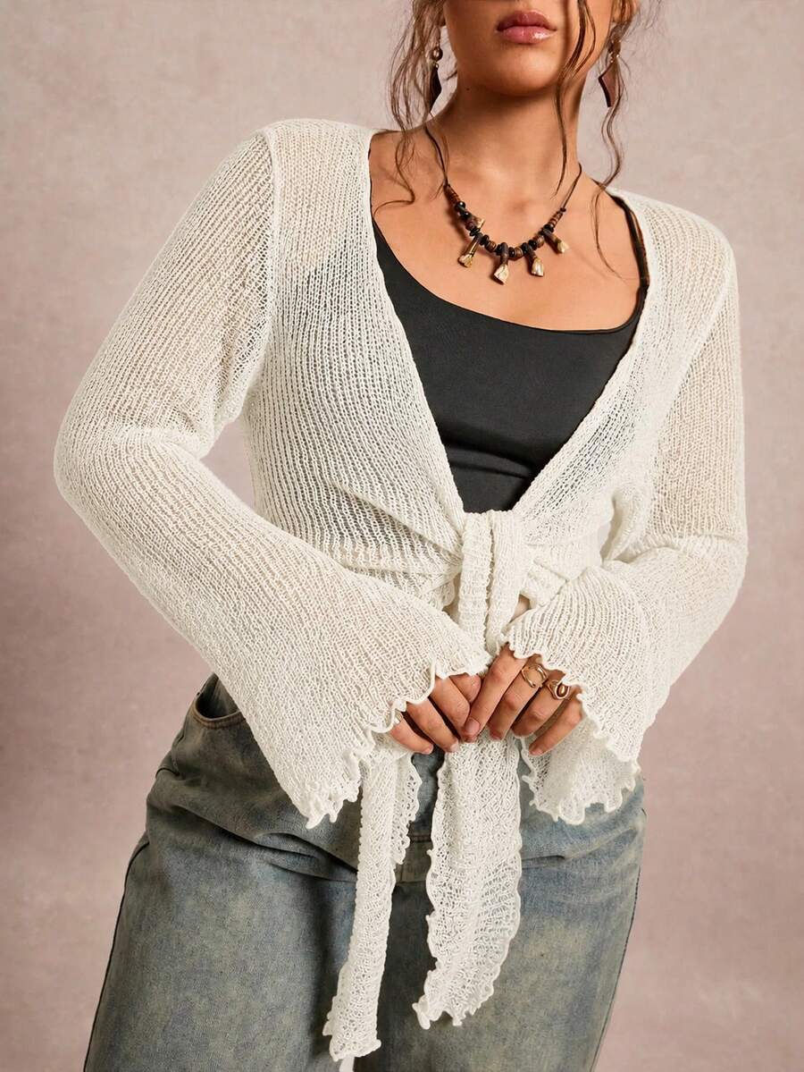 Freevana Cardigan de talla grande unicolor con mangas acampanadas y lazo delantero - Albaricoque - Ver 1