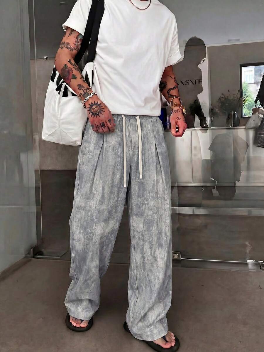 STEELVANCE 男士夏季紮染抽繩腰褶皺休閒長褲 - 白色 - 查看 1