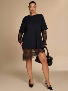 SHEIN BAE CURVE 大尺碼女款抓皺短袖蕾絲拼接上衣，大尺碼 T-shirt - 黑色 - 查看 3