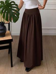 SHEIN Tall CURVE 大尺碼女款純色百褶休閒百搭日常穿著裙 - 棕色 - 查看 4