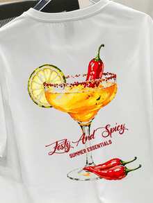 Manfinity Joysei Funny Chili Cocktail Pattern Print Men's T-Shirt, Suitable For Casual Daily Wear, Couple Matching, Thoughtful Gift For Boyfriend - White - View 3
