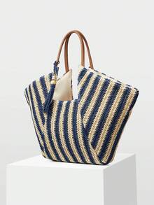 MOTF WOMEN'S FASHION BLUE STRIPED TOTE BAG, CASUAL VACATION WOVEN HANDBAG FOR VACATION, TRAVEL, SEASIDE, BEACH, BOHEMIA - Royal Blue - View 2