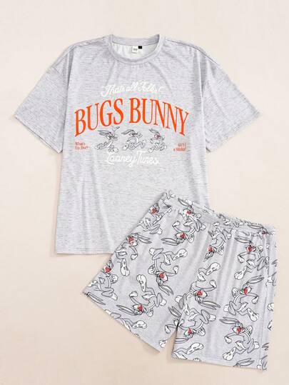 LOONEY TUNES X SHEIN Men's Letter Print Short Sleeve T-Shirt And Shorts Loungewear Set