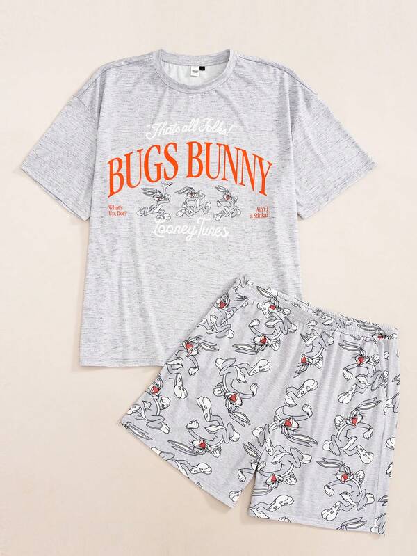 LOONEY TUNES X SHEIN Ensemble de détente pour hommes avec t-shirt à manches courtes imprimé de lettres et short