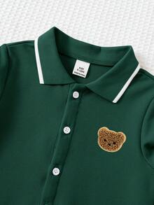 SHEIN 新生兒男嬰/女嬰秋冬款可愛卡通圖案 Polo 領長袖連身衣 - 綠色 - 查看 6