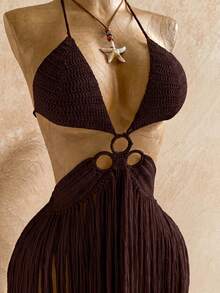 Soleia Women's Solid Color Tassel Crochet Sexy Boho Date Beach Knit Halter Dress Dark Brown Autumn - Coffee Brown - View 9